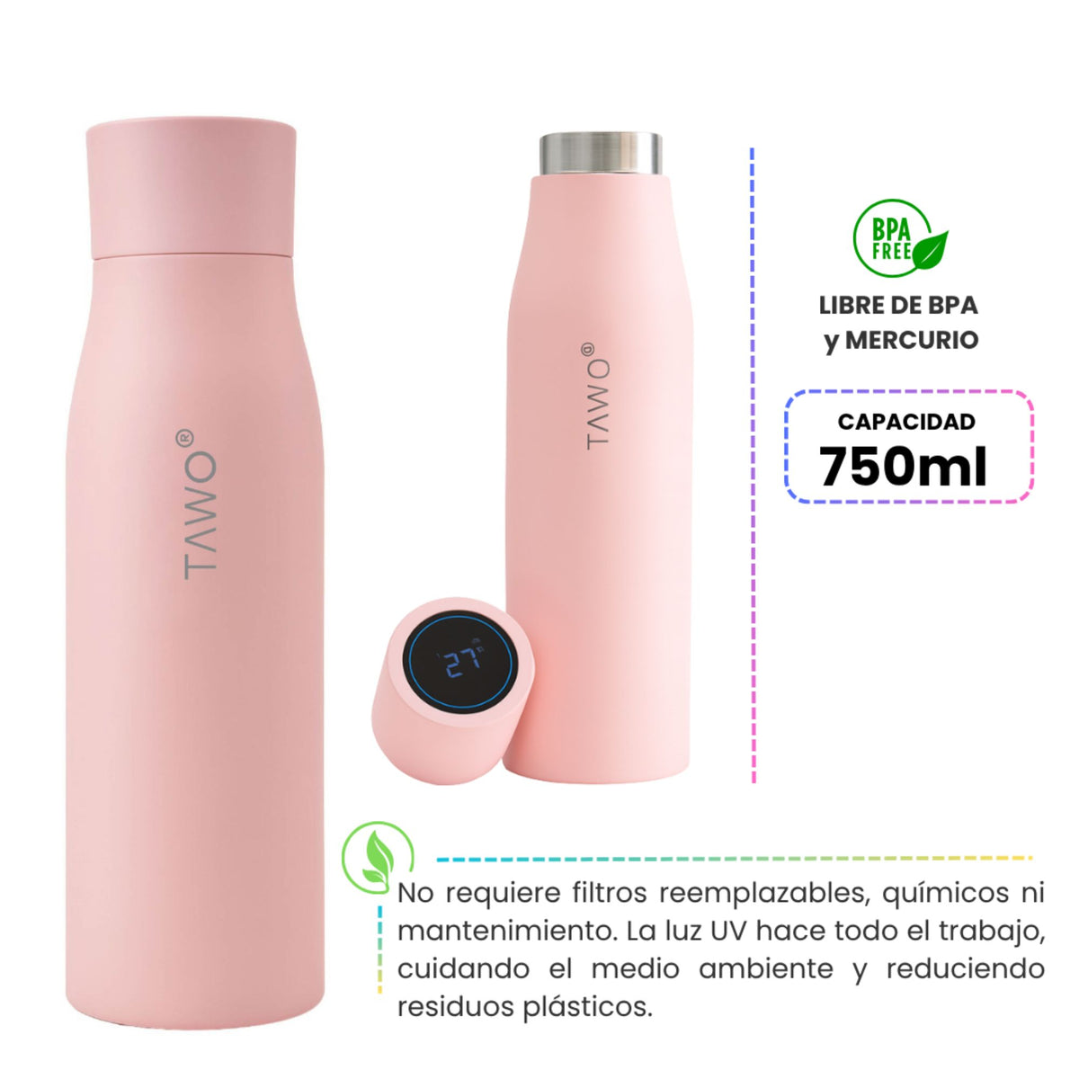 Botella de Agua Inteligente UV Tawo 750 ml Rosado – con Purificador y Recordatorio de Hidratación