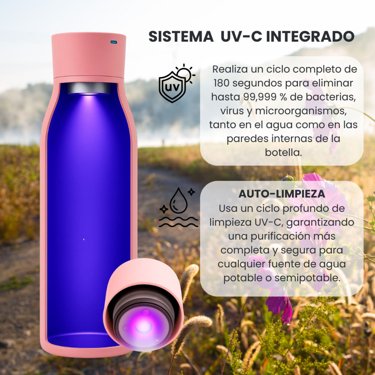 Botella de Agua Inteligente UV Tawo 750 ml Rosado – con Purificador y Recordatorio de Hidratación