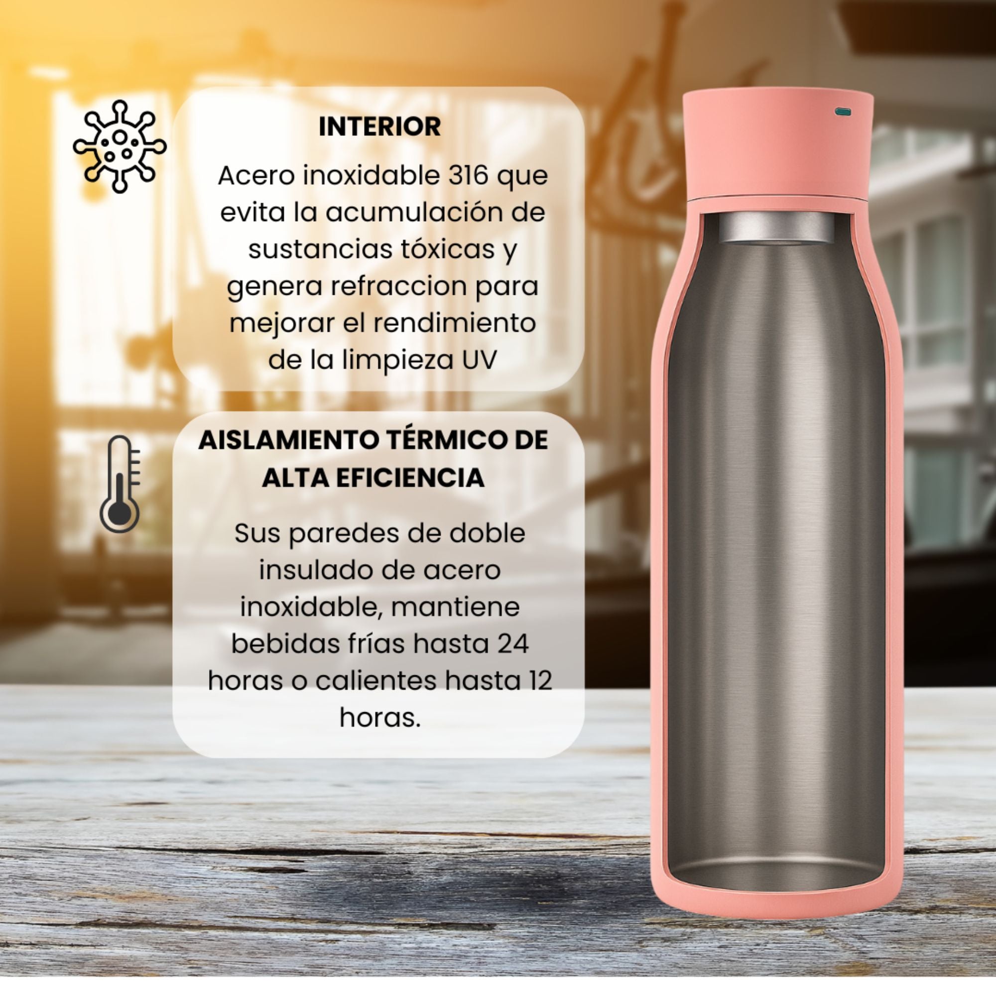 Botella de Agua Inteligente UV Tawo 750 ml Rosado – con Purificador y Recordatorio de Hidratación